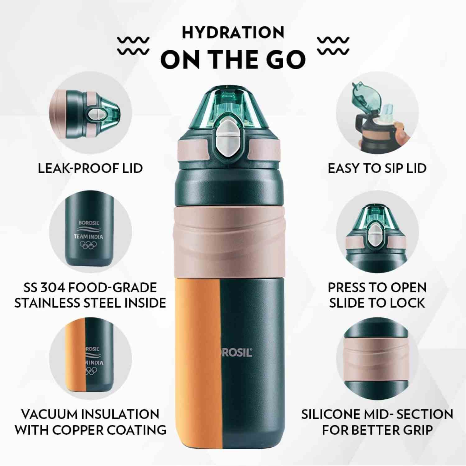 Borosil Hydra Adventure, Insulated Stainless Steel Bottle, 560 Ml, Green