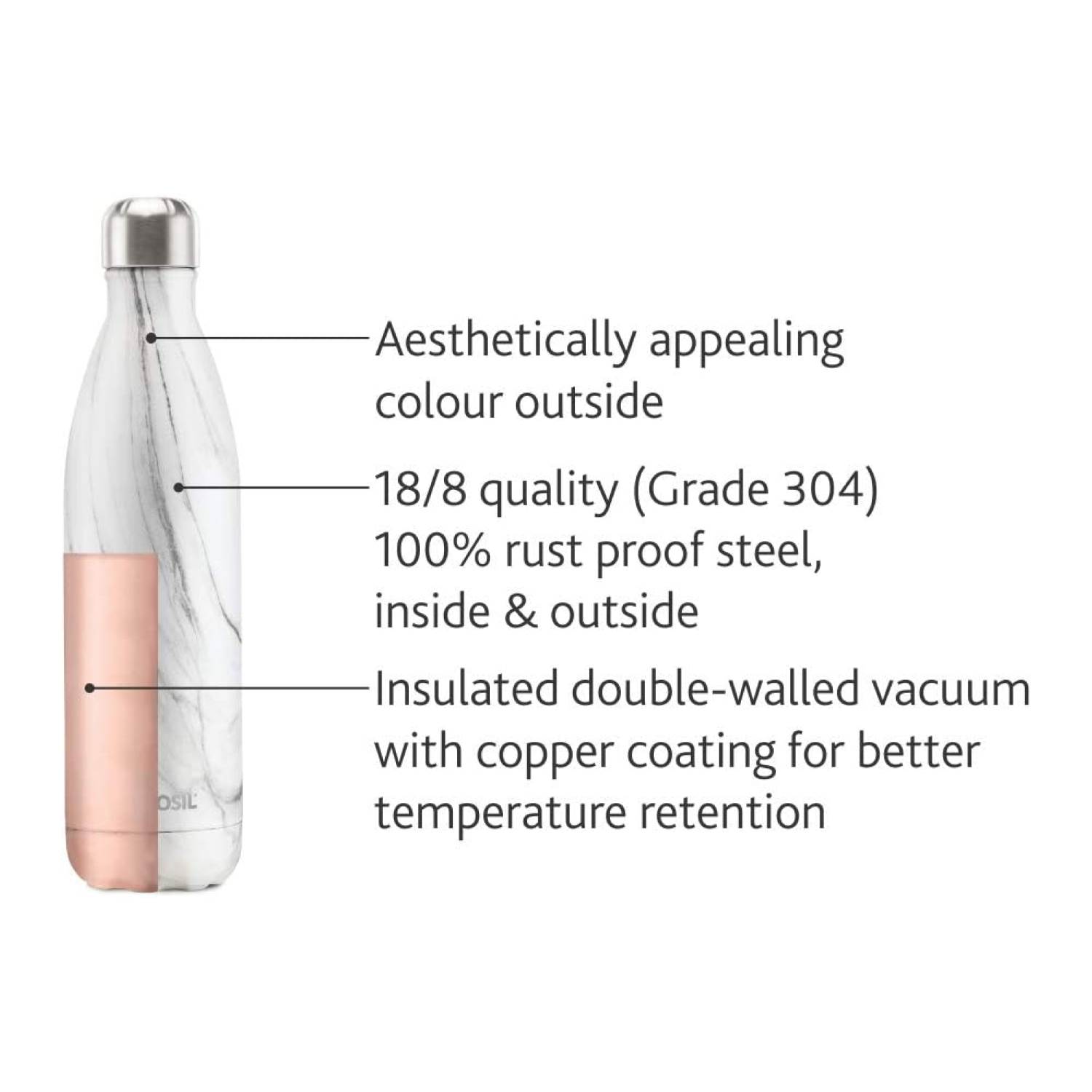 Borosil Hydra Bolt Marble, Vacuum Insulated Water Bottle, 750 Ml