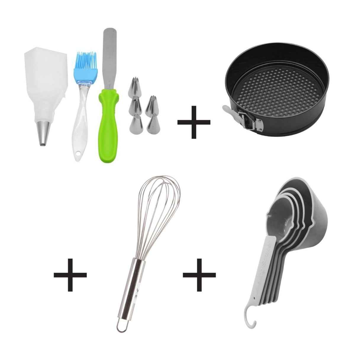 Rk Baking Tools Set (Set Of 9) + Rk N/S Round Clip Bake Pan 28 Cm +Rk Steel Tube Whisk 16" + Raj Plastic Measuring Cup Set (Set Of 4)