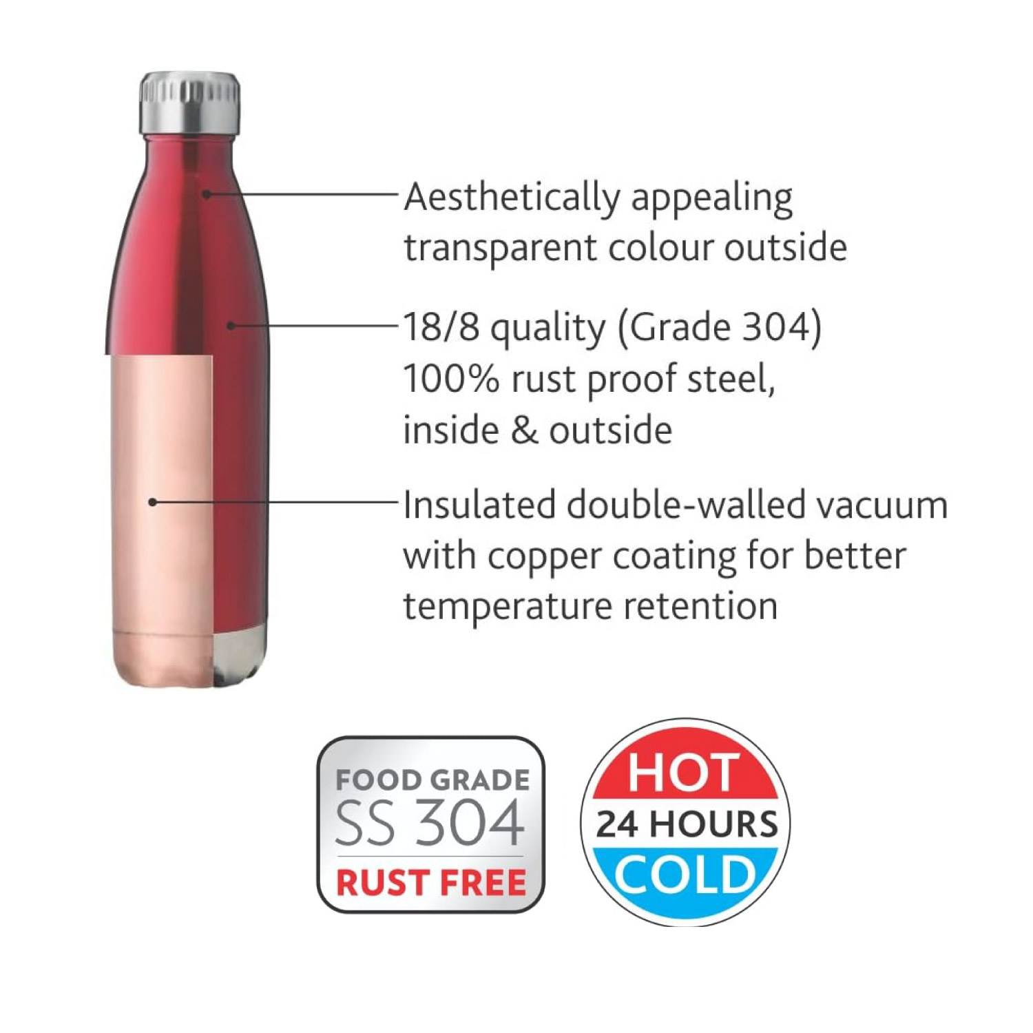 Borosil Vacuum Bolt Bottle Red - 1 LTR