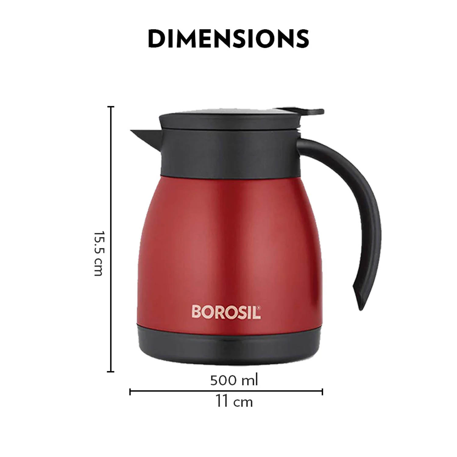 Borosil Vacuum Insulated Teapot Flask - Stainless Steel - 500 ML - FLKT50RED12