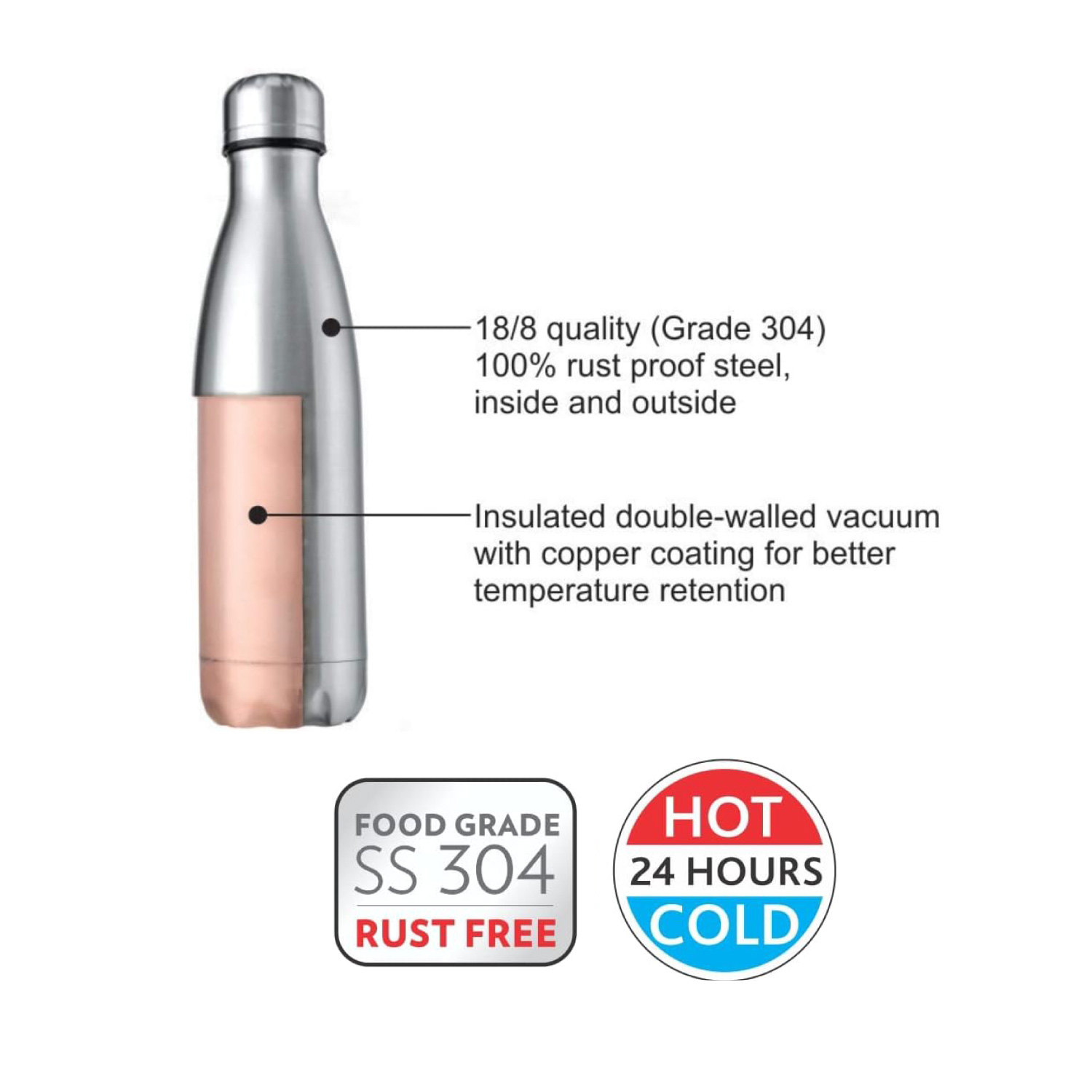 Borosil Vacuum Bolt Bottle Steel - 350 ML