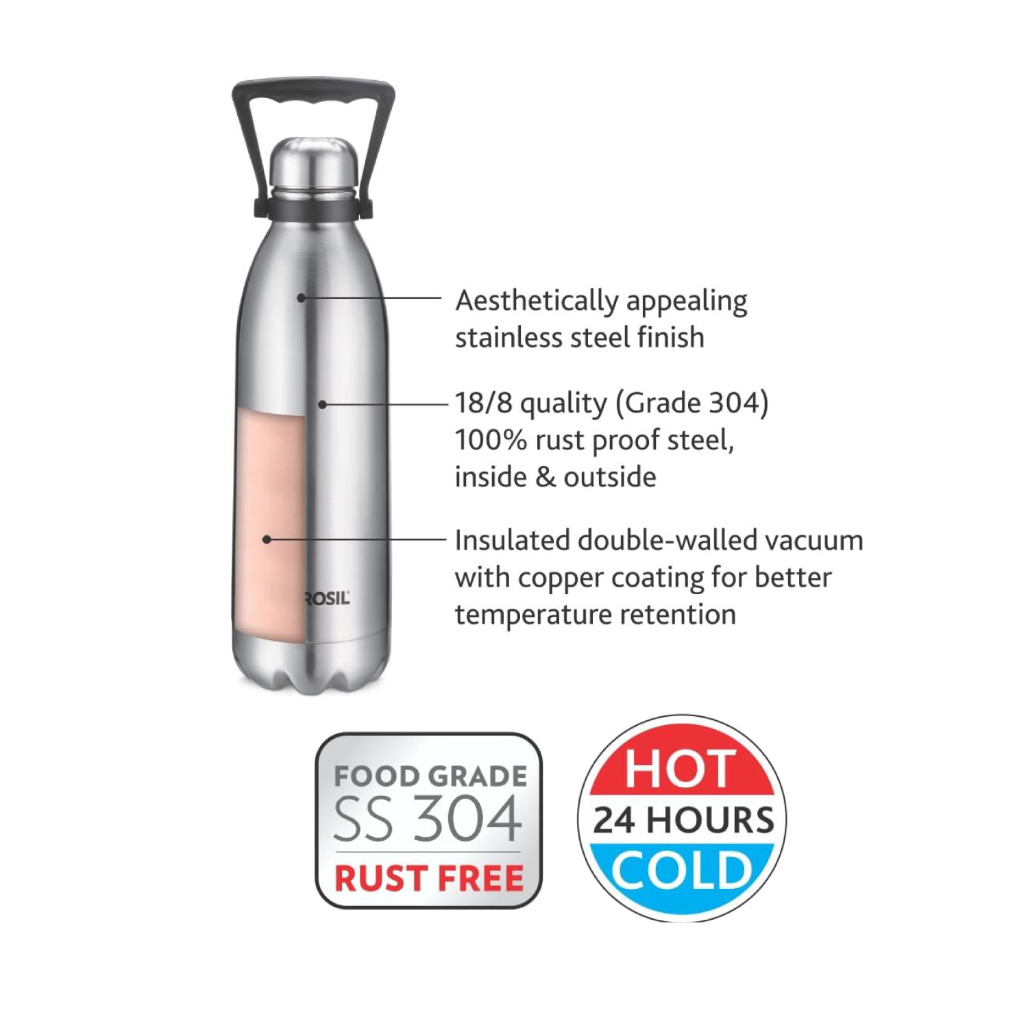 Borosil Vacuum Bolt Bottle Steel - 1.5 LTR