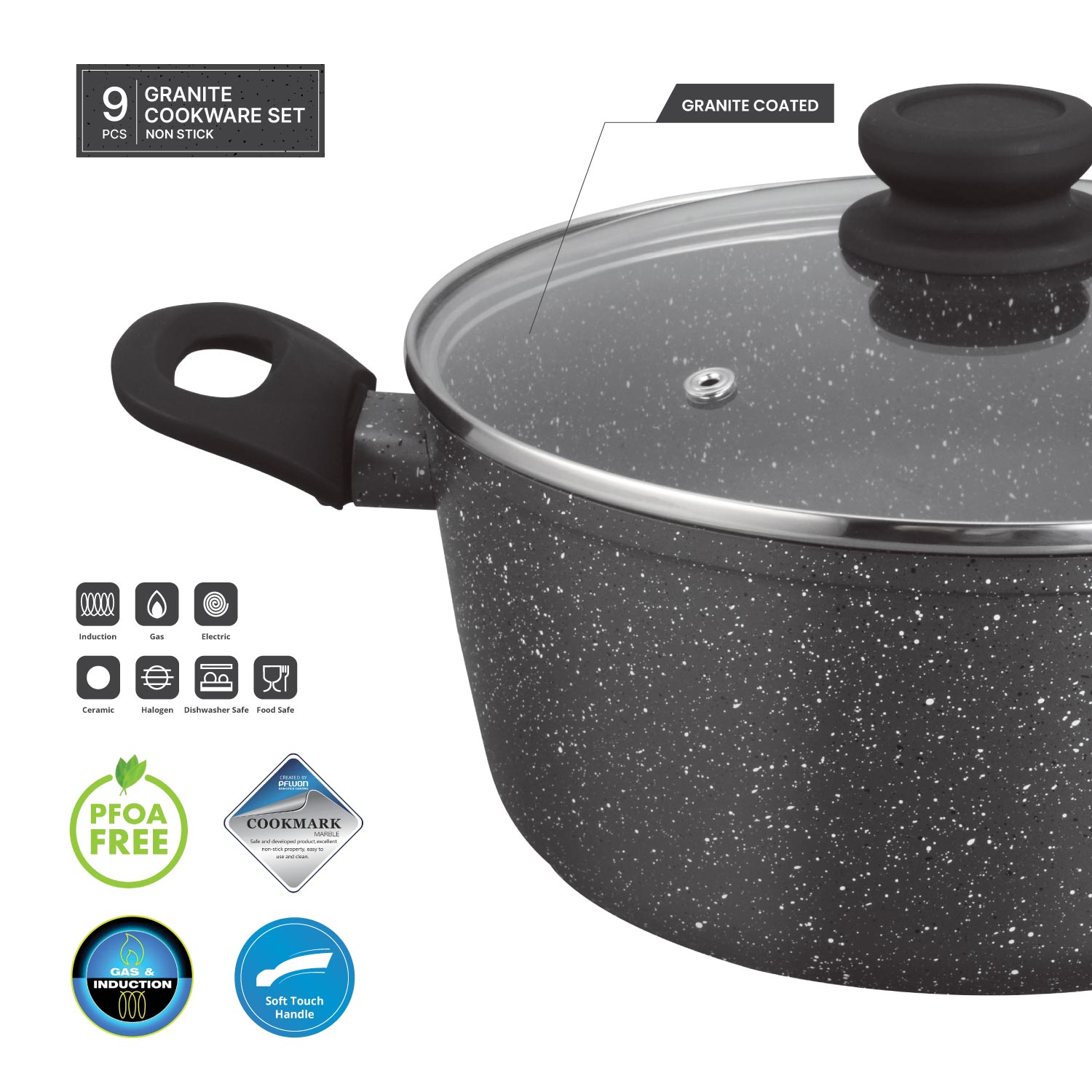 Kitchen Master 9 Pcs Granite Cookware Set