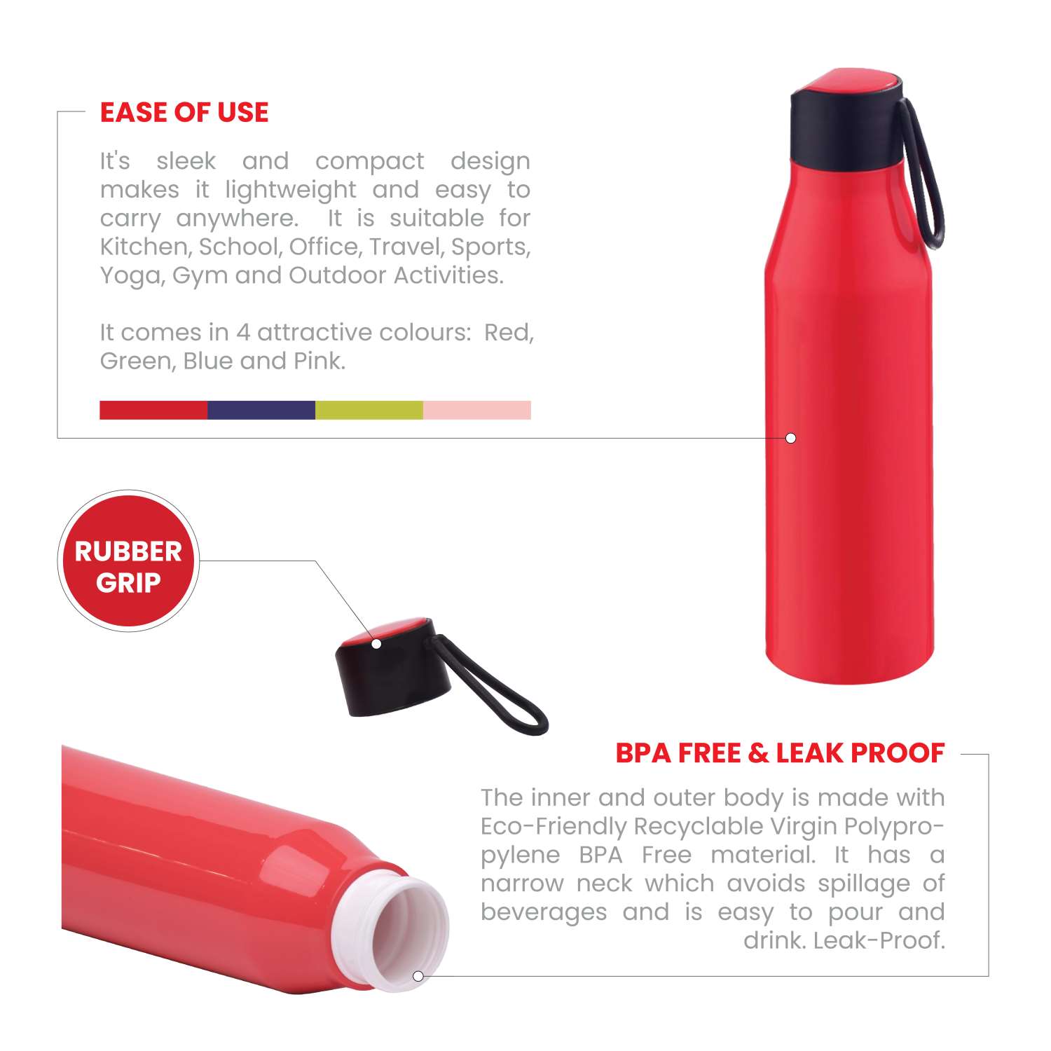 Selvel Bolt Plastic Water Bottle Red 500Ml