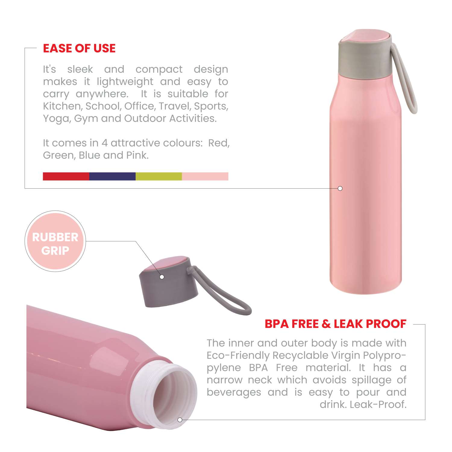 Selvel Bolt Plastic Water Bottle Pink 700Ml