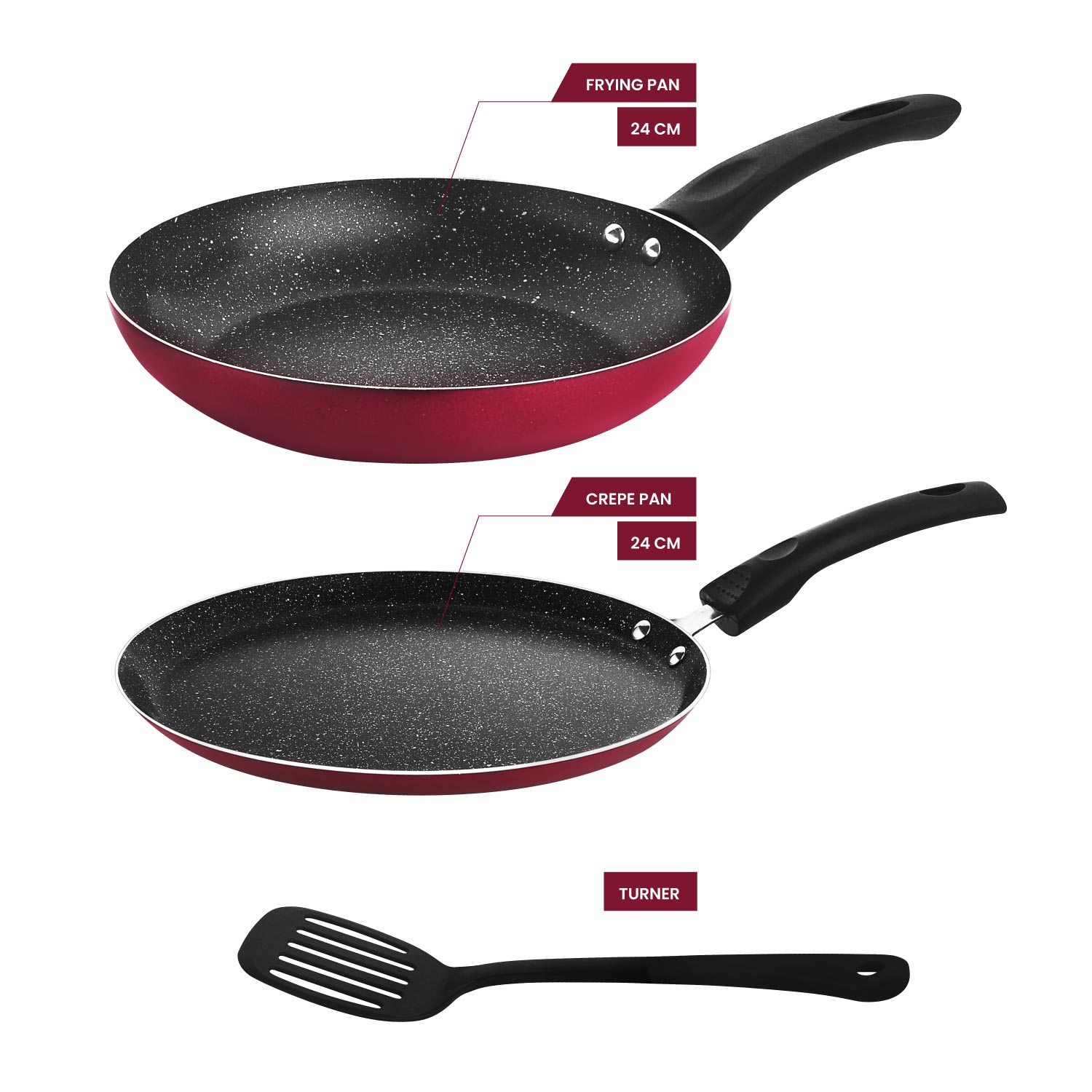 Raj Non Stick Frypan 24 Cm & Crepe Pan 24 Cm Cookware Set With Turner