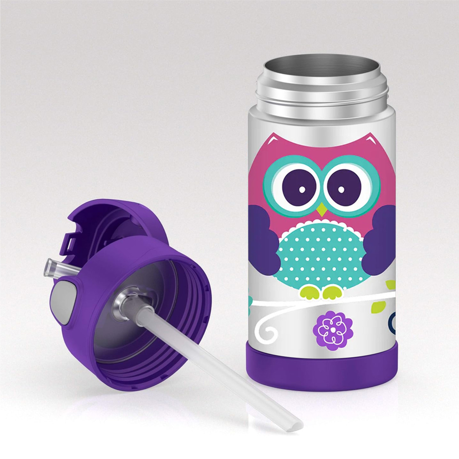 Thermos Funtainer Stainless Steel Kids Owls Bottle 355Ml, F4016Ow, Kids Water Bottle With Straw, Insulated Flask, Hydration Bottle With Lid